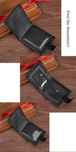 Detail view of leather wallet interior with multiple card slots and snap button coin pocket