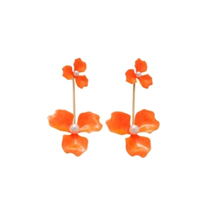 Elegant orange enamel flower earrings with white pearls in a gold-plated drop design