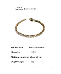 Detail view of 16.7cm square zircon bracelet in golden alloy weighing 9.5 grams