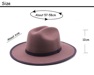Detailed view showing dimensions for burgundy fedora hat with 57-58cm circumference