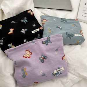 Butterfly Embroidery Cosmetic Bag Cotton Linen Makeup Organizer Zipper Travel Pouch Handheld Clutch For Women Vintage