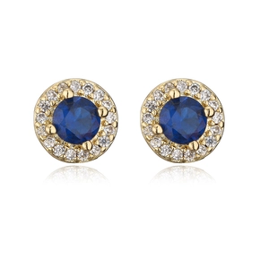 Close-up of 18K gold plated stud earrings with round blue and white zircon stones