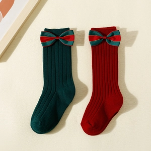 Christmas Kids Mid Calf Socks Combed Cotton Ribbed Knit With Ribbon Bowknot Decor Breathable Soft For Toddler Infants