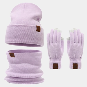 Detail of lavender knit set showing leather snowflake patches and touchscreen fingertips