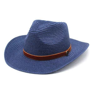 Detailed close-up of dark blue straw hat weave with brown velvet band and M buckle