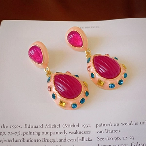 Vintage Pink Waterdrop Drip Earrings With Silver Earring Post Alloy Rhinestone Colorful Crystal French Palace Style