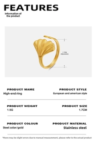 Detail view of gold ginkgo leaf ring with 1.7cm adjustable opening and size specs