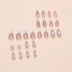 24pcs long almond press-on nails with silver metallic lines and pearl decorations