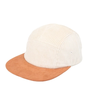 Five-panel corduroy and suede camper hat with flat brim in beige and camel colors