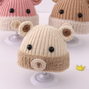 Berretto in maglia per bambini con orecchie da orso e bordo in peluche morbido