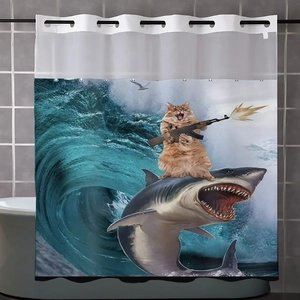 Detail of waterproof polyester shower curtain featuring a funny cat riding a shark