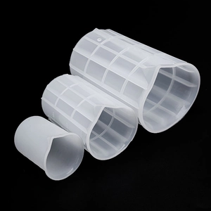 Three-piece set of translucent silicone measuring cups with spout and embossed scales