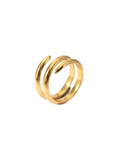 Detail of 18k gold plated triple-layer spiral ring with polished finish and tapered ends