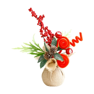 Christmas burlap planter with red berries, pine cones and festive greenery on white background