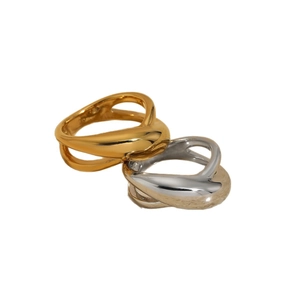Polished geometric fluid cross rings in gold and silver stainless steel minimalist style