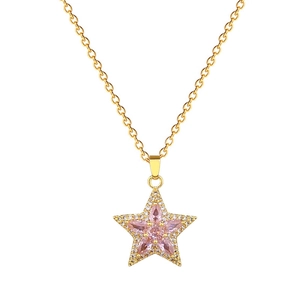 Collier élégant en acier titane doré avec pendentif étoile rose et cristaux brillants