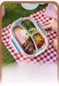 Three-compartment bento box with stainless steel liner and cute rabbit illustration lid