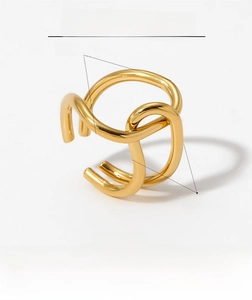Detail view of gold geometric open ring showing dimensions 23mm width and 6g weight