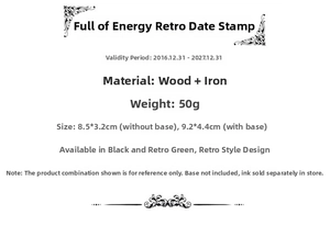 Detailed specifications for retro date stamp with wood handle and metal roller