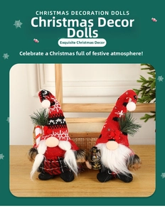 Detailed view of Christmas gnomes with knit hats and a vintage lantern decoration