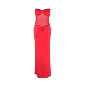 Detail view of red strapless maxi dress with sheer mesh back and ruched waist design