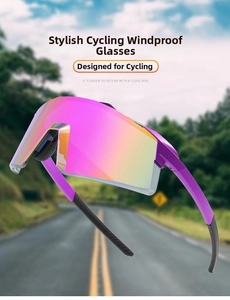 Detail of purple cycling sunglasses with gradient mirror lenses for outdoor sports