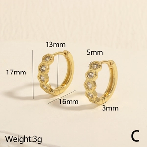 Detailed view of gold earrings with size specs: 17mm height and 13mm inner diameter