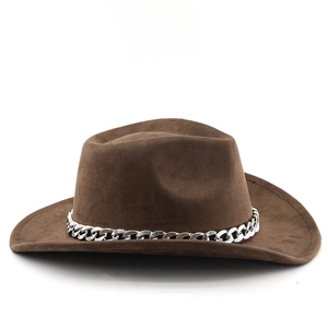 Detail of a brown suede cowboy hat featuring a vintage silver metal chain decoration
