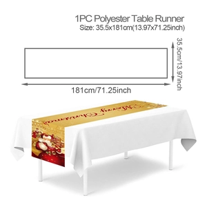 Polyester Christmas table runner showing 35.5x181cm dimensions and Merry Christmas pattern
