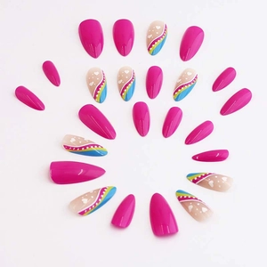 Almond-shaped magenta fake nails with rainbow wave patterns and white heart designs