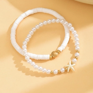 Bohemian double-layer anklet set with starfish shell pendants and white faux pearls
