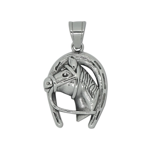Pendentif tête de cheval fer à cheval en acier inoxydable poli avec collier
