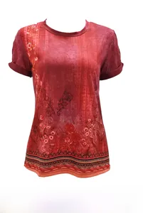 Detailed close-up of floral mandala print on red ethnic short sleeve cotton t-shirt