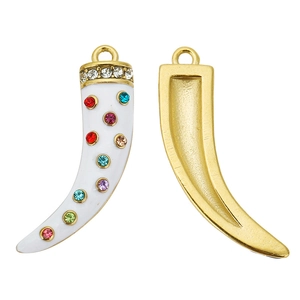 Ethnic style colorful rhinestone horn pendant with gold-plated backing and white enamel