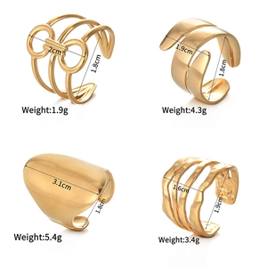 Detailed size and weight chart for four irregular geometric golden stainless steel rings