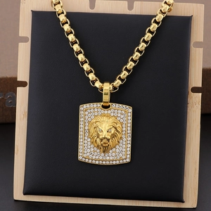 Hip hop gold plated stainless steel lion head pendant necklace with sparkling crystals