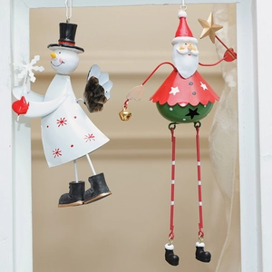 Hanging metal Christmas ornaments featuring a 3D painted snowman and Santa Claus figure