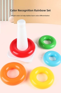 Detail showing colorful rainbow stacking rings and base for infant early cognitive learning