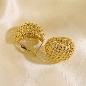 Golden hollow woven mesh dome hoop earrings in 14K gold plated stainless steel