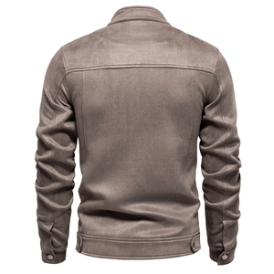 Rear view of brown faux suede jacket showing shoulder seams and metal hem buckles