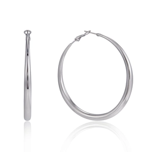 Polished stainless steel hoop earrings showing secure clasp detail and shiny finish
