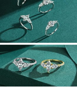 Macro detail of marquise cut cubic zirconia rings in silver and gold finishes