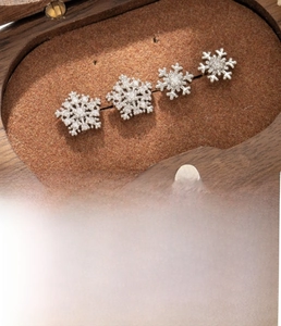 Detail of four silver snowflake stud earrings set in a wooden box with technical specs