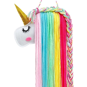 Support barrettes licorne avec crinière en laine colorée et corne à paillettes