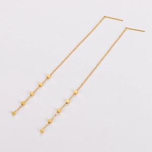 Detail of gold stainless steel tassel chain earrings with multiple square beads on white