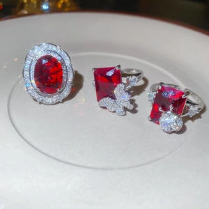 Luxury red ruby zircon open rings with brilliant diamond halo and butterfly accents