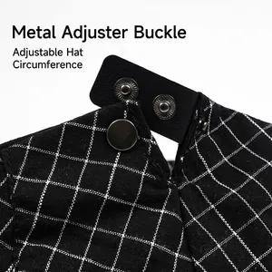 Classic checkered beret hat with adjustable leather strap and metal buckle detail