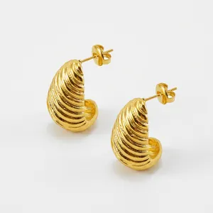 Croissant Stud Earrings 18K Gold Plated 304 Stainless Steel Chunky Ribbed Spiral Texture Vintage Jewelry For Women