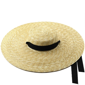 Elegant Wide Brim Flat Top Straw Sun Hat For Women Summer Beach Vacation With Black Ribbon Band Hepburn Style
