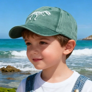 Kids Baseball Cap Washed Cotton Dinosaur Skeleton Embroidery Adjustable Sun Protection Outdoor Vintage Hat